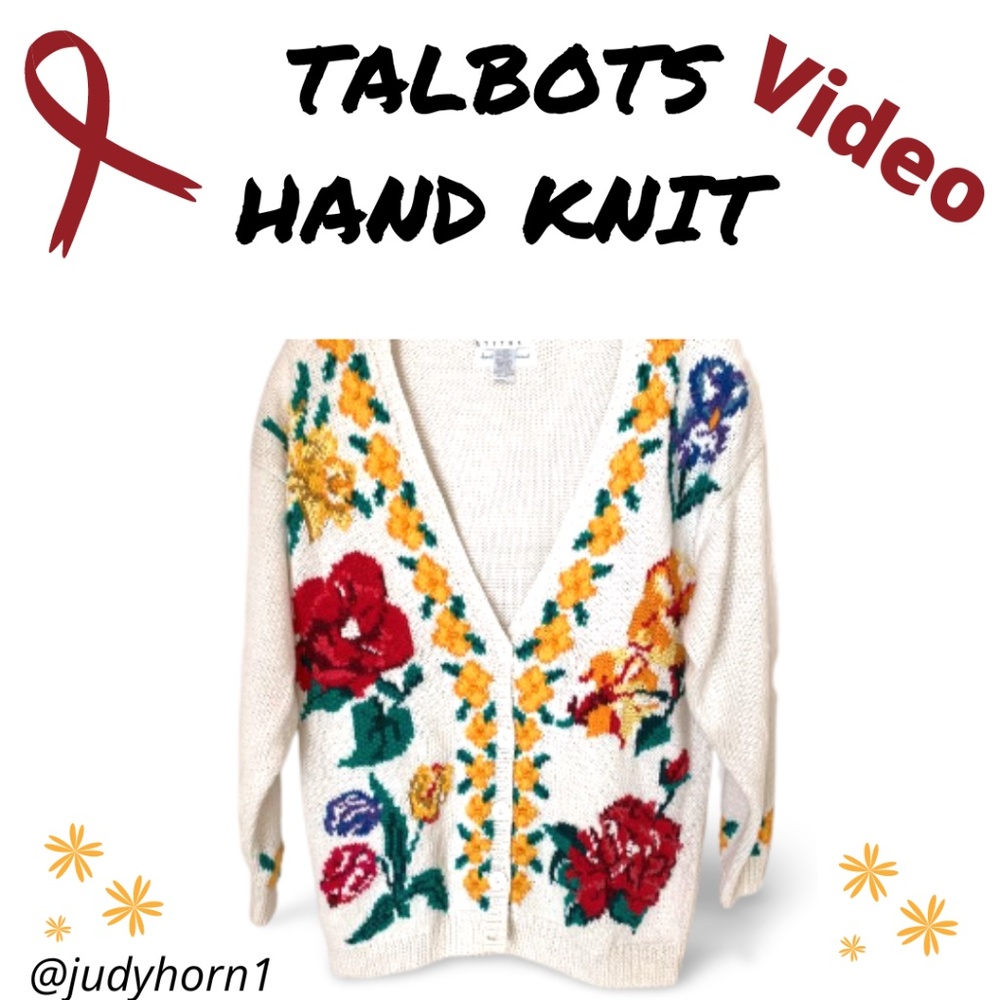 TALBOTS Hand Knit Floral 5 Button Cardigan